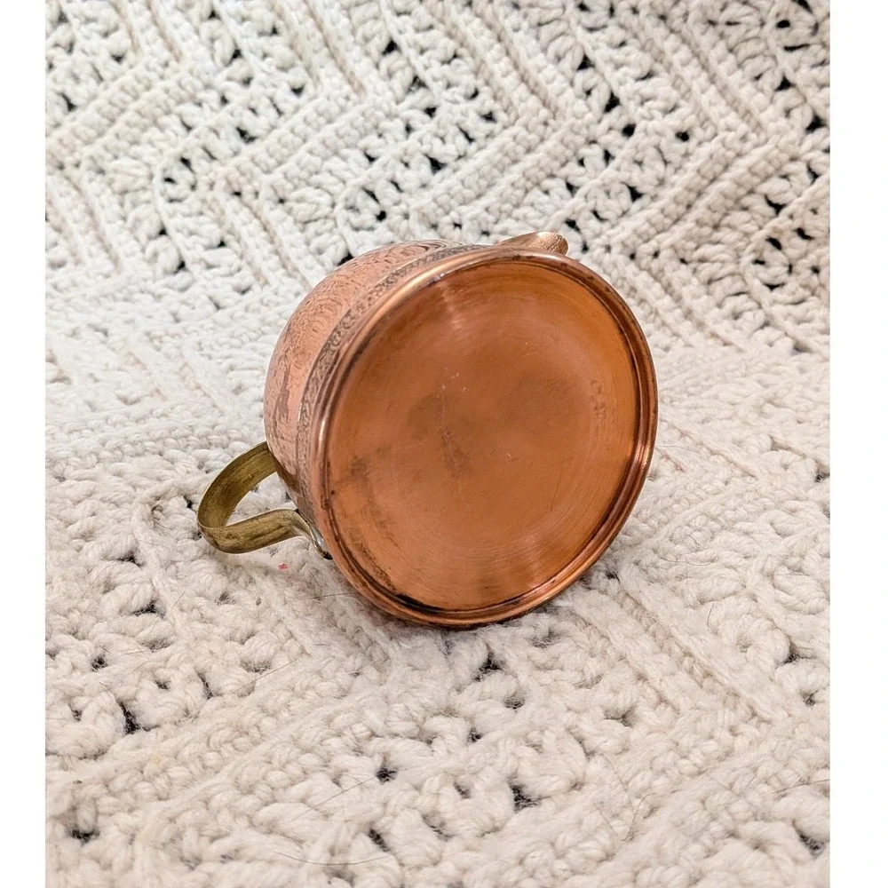 Vintage Copper Cream and Sugar Set Brass Handles‎ Etched Detail 2.5 inch